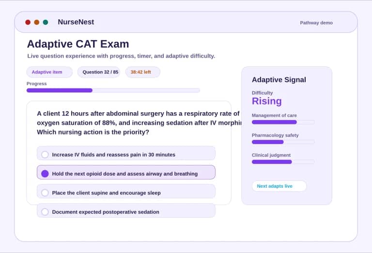 NCLEX-RN adaptive CAT preview showing a question, answer options, progress, timer, and adaptive badge