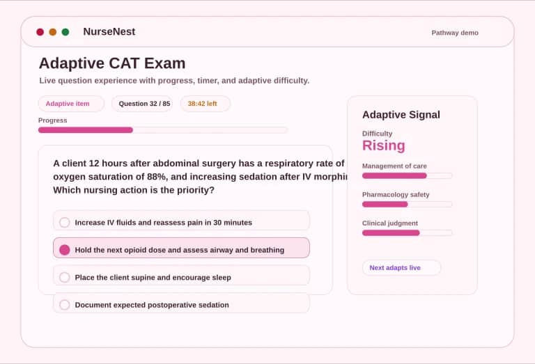 NCLEX-RN adaptive CAT preview showing a question, answer options, progress, timer, and adaptive badge