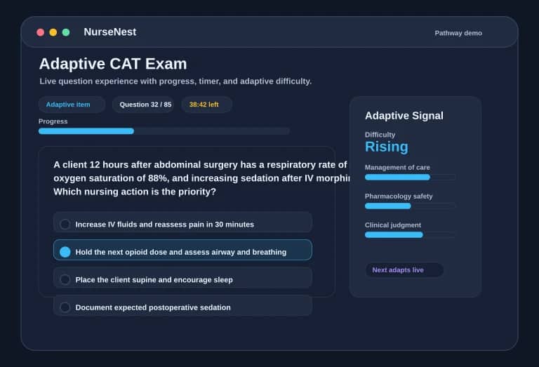 NCLEX-RN adaptive CAT preview showing a question, answer options, progress, timer, and adaptive badge