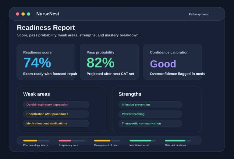 NCLEX-RN readiness report preview showing readiness score, pass probability, weak areas, strengths, and mastery breakdown