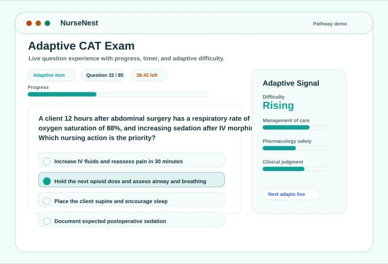 NCLEX-RN adaptive CAT preview showing a question, answer options, progress, timer, and adaptive badge