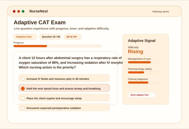 NCLEX-RN adaptive CAT preview showing a question, answer options, progress, timer, and adaptive badge