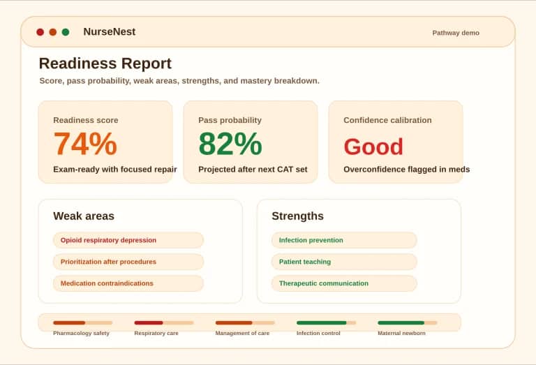 NCLEX-RN readiness report preview showing readiness score, pass probability, weak areas, strengths, and mastery breakdown