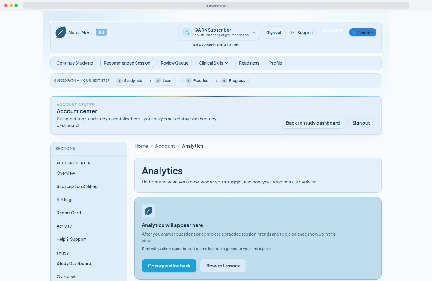 Readiness analytics dashboard with domain performance and trend analysis.