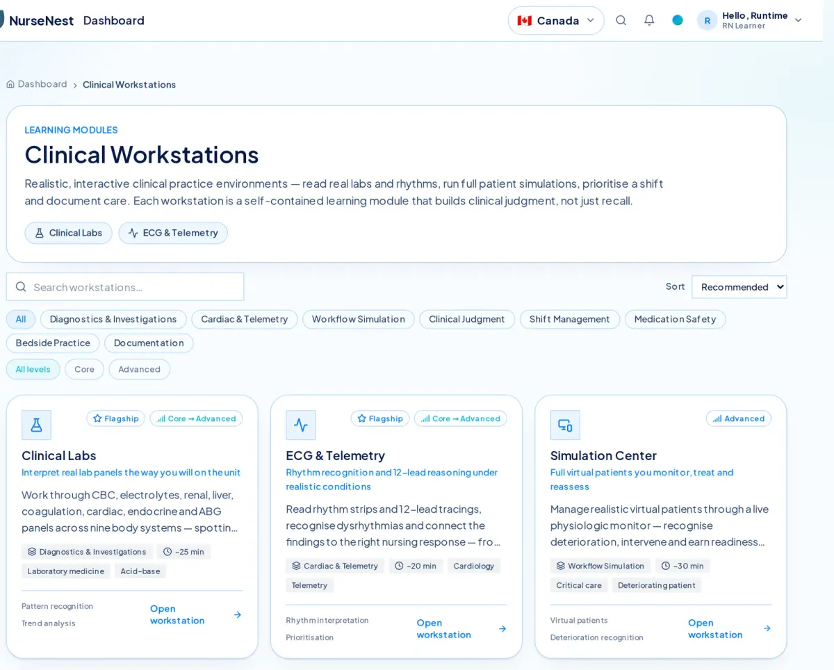 NurseNest Clinical Workstations hub listing Clinical Labs, ECG and Telemetry, and Simulation Center workstation cards with level badges and Open workstation links.